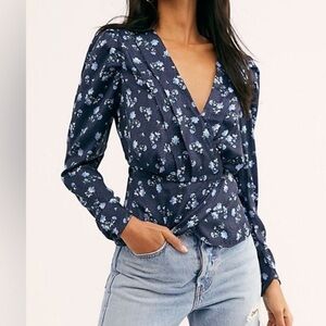 Free People Midnight Blue Floral Blouse - Preloved